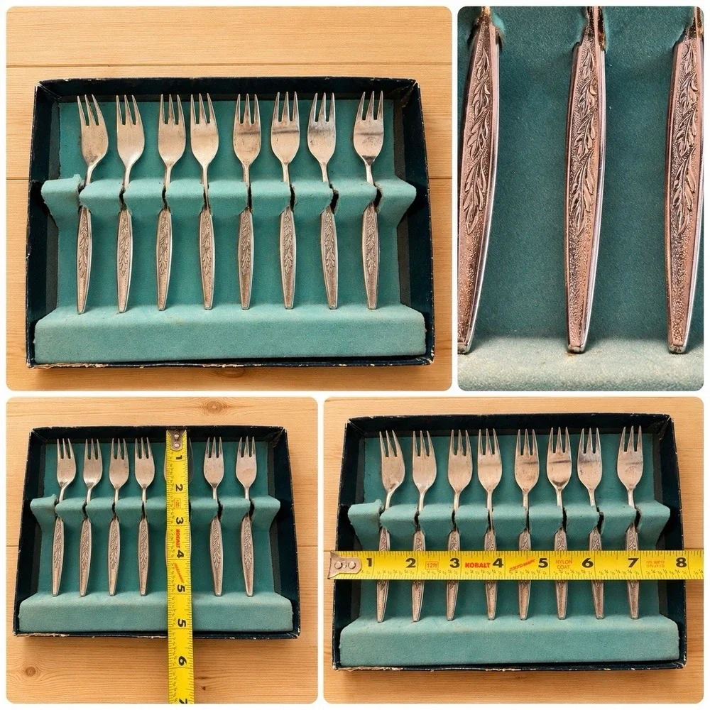 Vintage Set of 8 Stainless Steel Japan Cocktail Seafood Dessert Forks w/ Box[M]